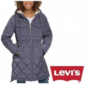 NWT Levi's Quilted Parka Jacket with Plush Hood, Odyssey Grey